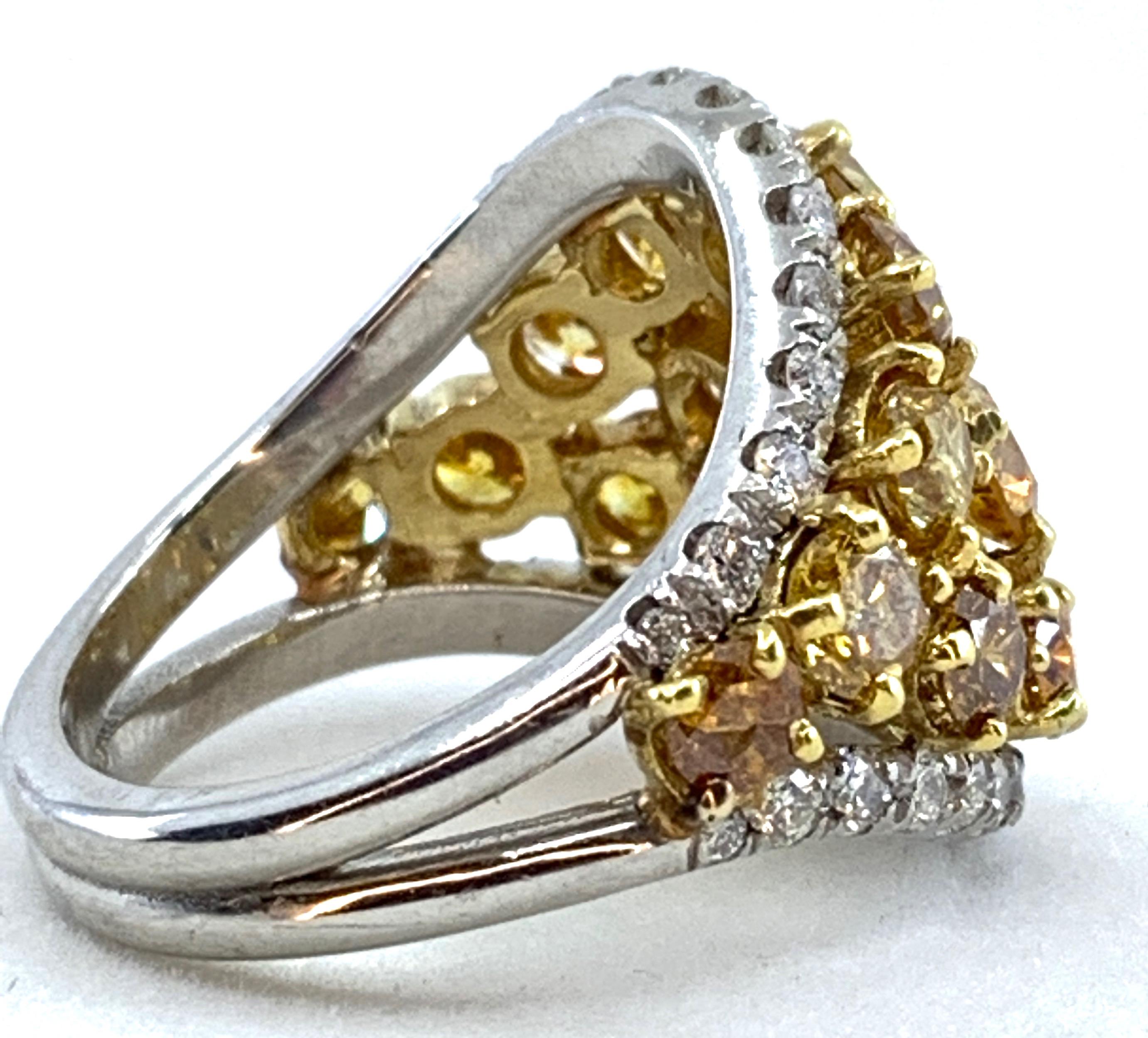 Brilliant Cut 4.6 Carat Natural Yellow Diamond Shield Ring in Platinum and 18 Karat Yellow Gol For Sale