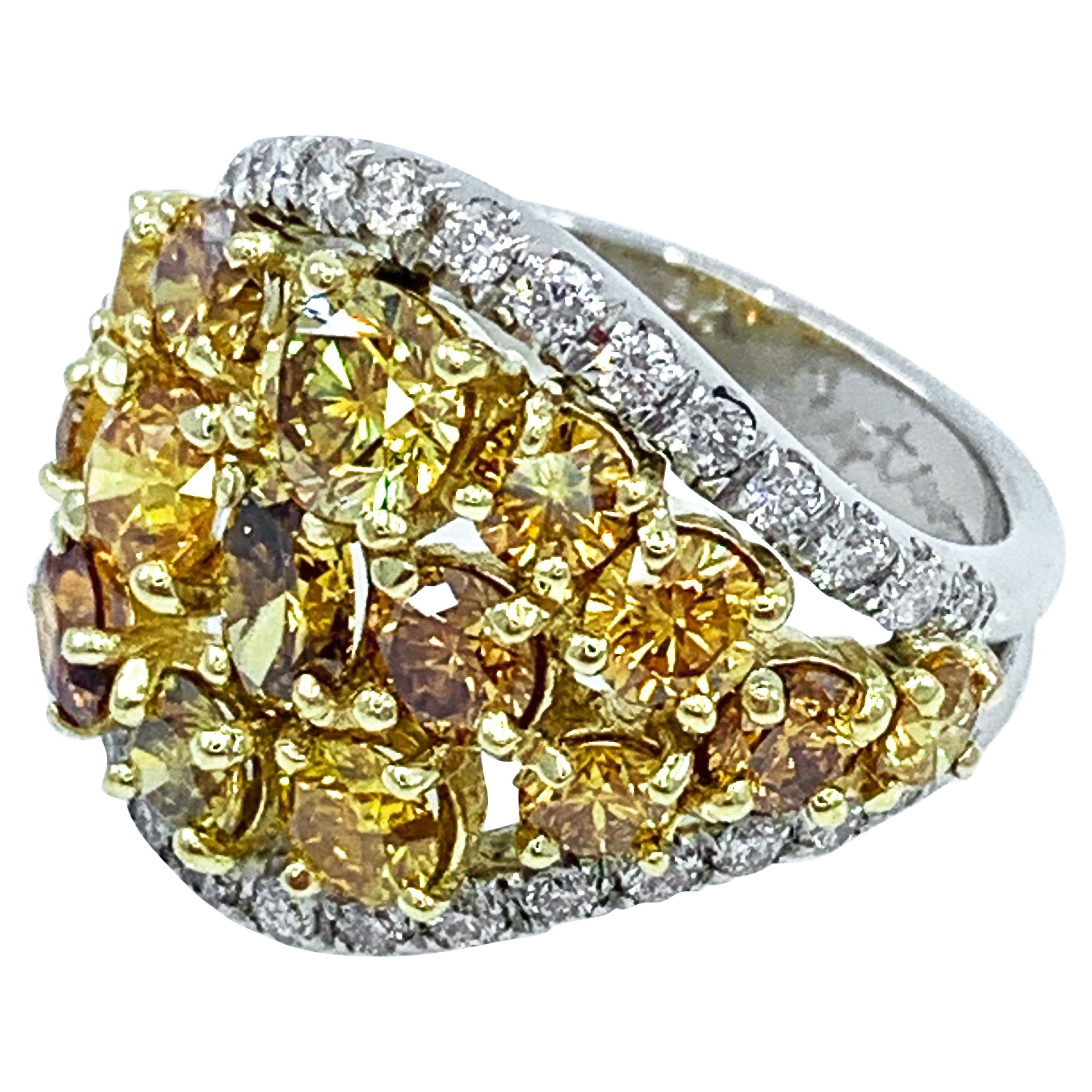 4.6 Carat Natural Yellow Diamond Shield Ring in Platinum and 18 Karat Yellow Gol For Sale