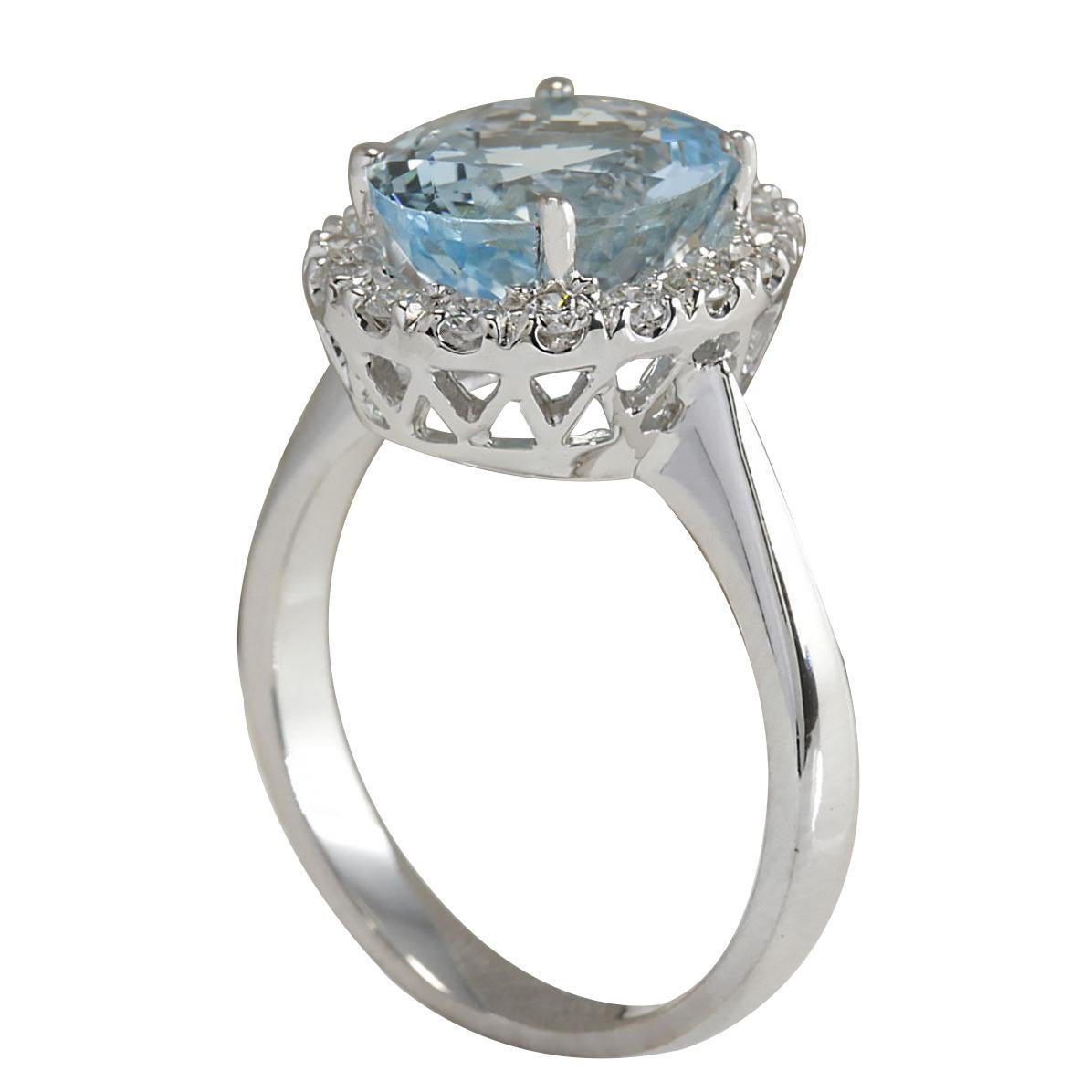 Oval Cut Natural Aquamarine Diamond Ring In 14 Karat White Gold For Sale