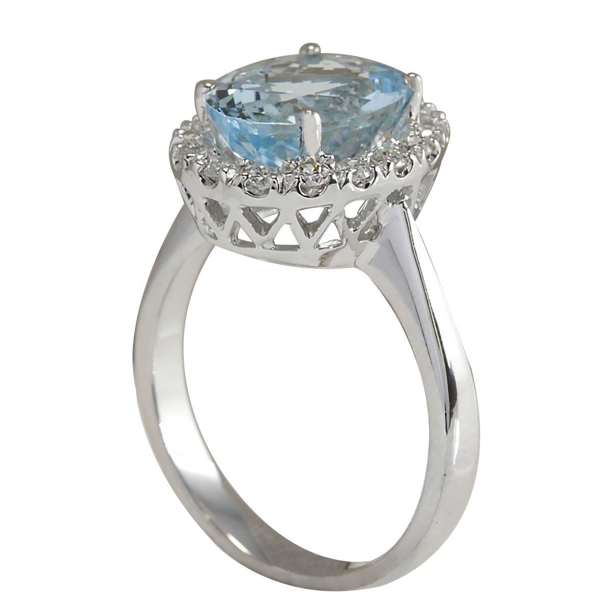 Oval Cut Natural Aquamarine Diamond Ring In 14 Karat White Gold  For Sale