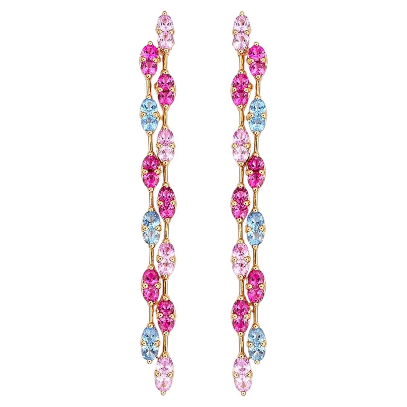 Boucles d'oreilles pendantes en or jaune 14 carats avec saphir rose-bleu naturel de 3,79 carats