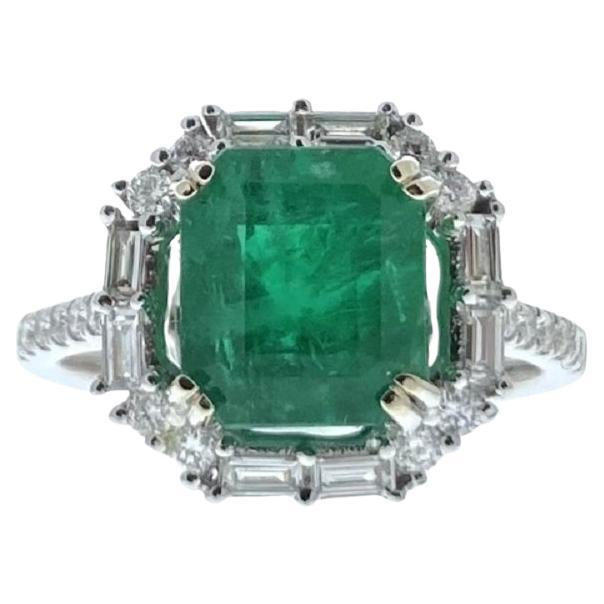 3.79 Carat Oct Shape Green Emerald & Diamond Ring In 18k White Gold  For Sale