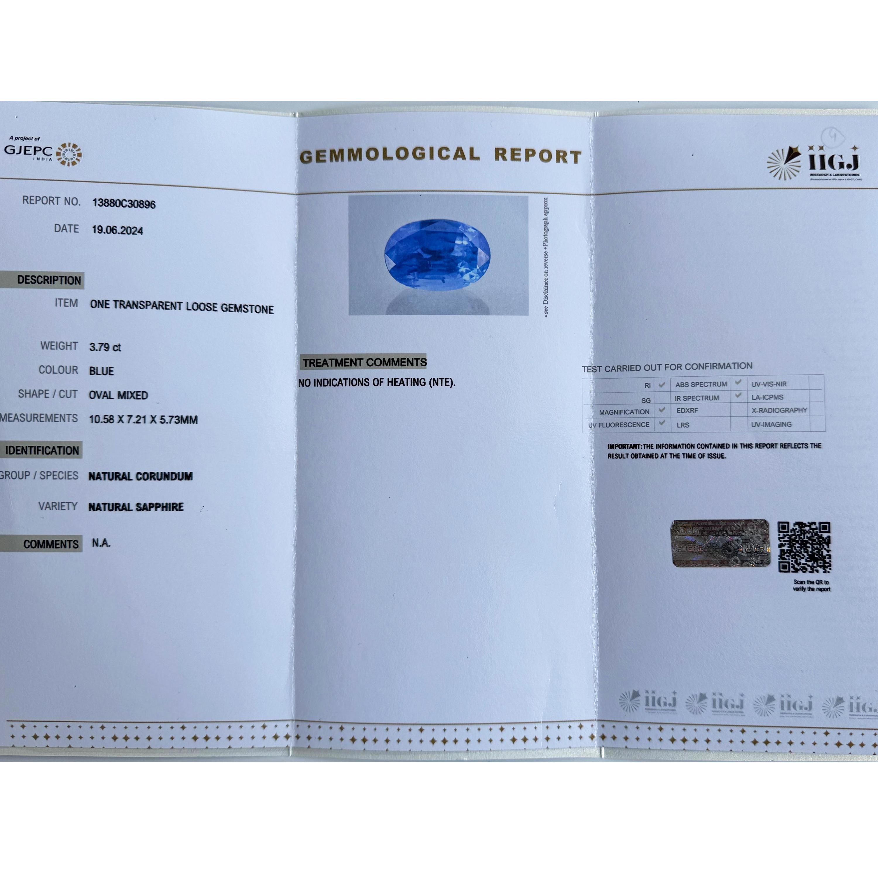3.79 Carat Oval Ceylon Sri Lanka Natural Blue Sapphire For Sale 3