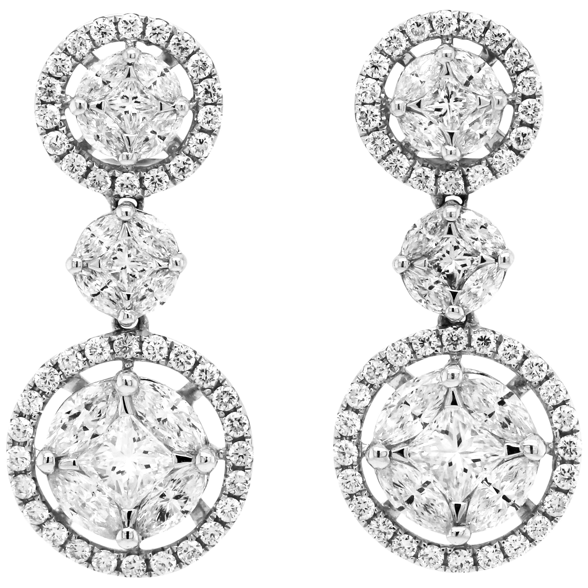 3.79 Carat Round and Marquise Diamond 18 Karat White Gold Dangle Drop Earrings For Sale