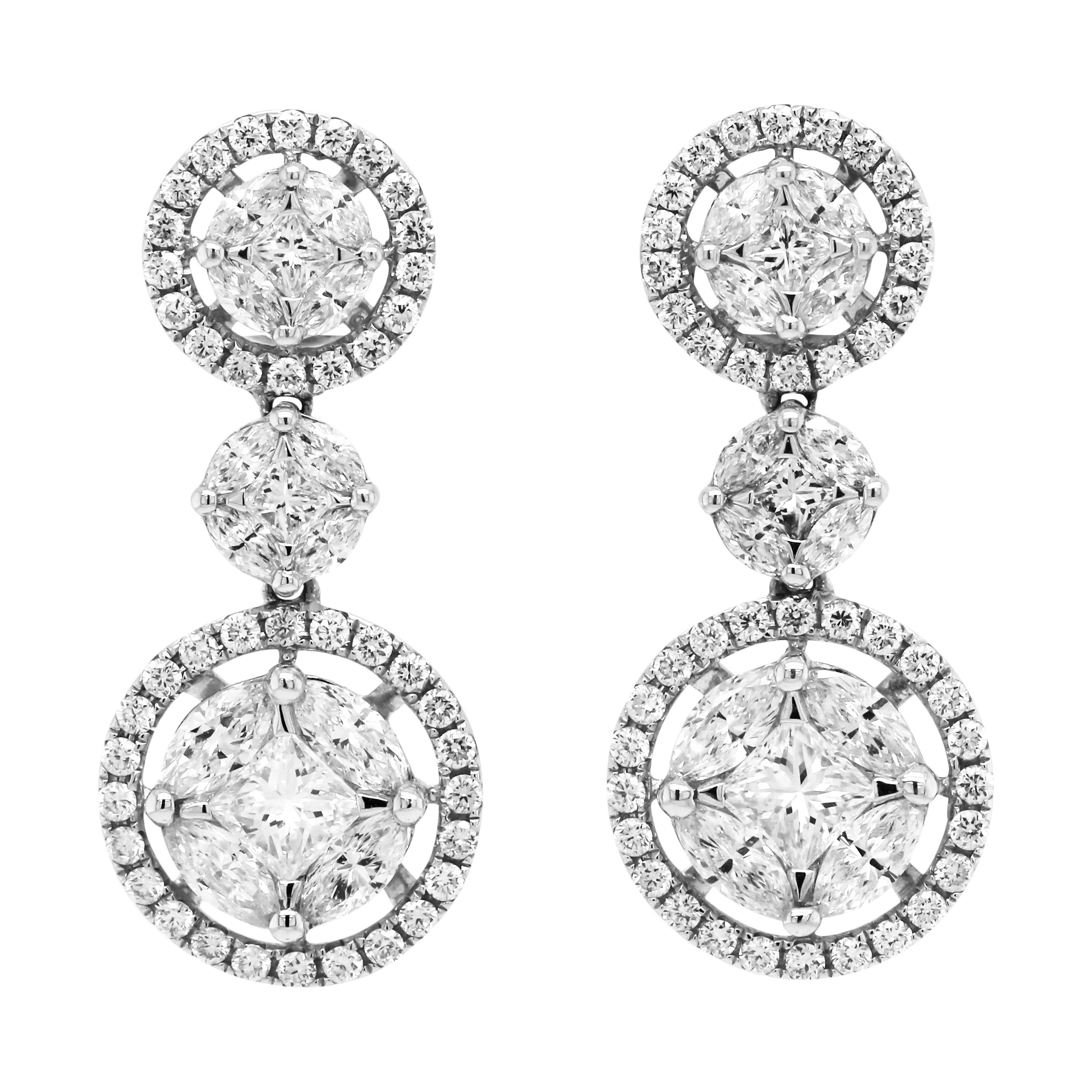 Contemporary 3.79 Carat Round and Marquise Diamond 18 Karat White Gold Dangle Drop Earrings For Sale