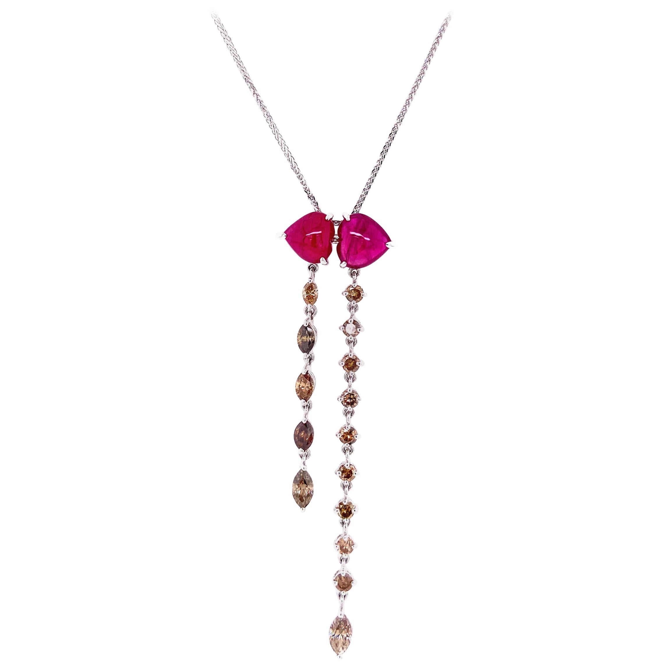 3.79 Carat Ruby Cabochon and Brown Diamond White Gold Pendant with Gold Chain For Sale