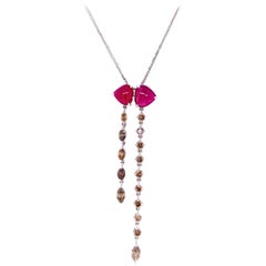 3.79 Carat Ruby Cabochon and Brown Diamond White Gold Pendant with Gold Chain