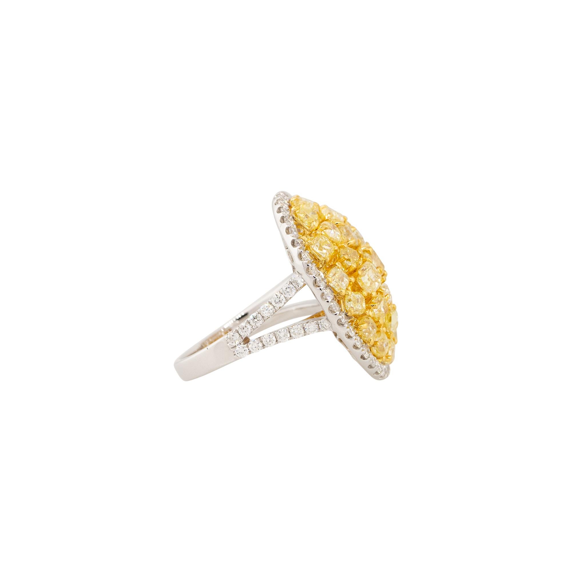 18k Two-Tone Gold 3.79ctw Yellow Diamond Oval Halo Ring
Style: Women's Oval Diamond Ring
Material: 18k White Gold
Main Diamond Details: Approximately 3.79ctw of Multi-Shape Diamonds (26 stones) and approximately 0.92ctw of Diamonds in the halo and