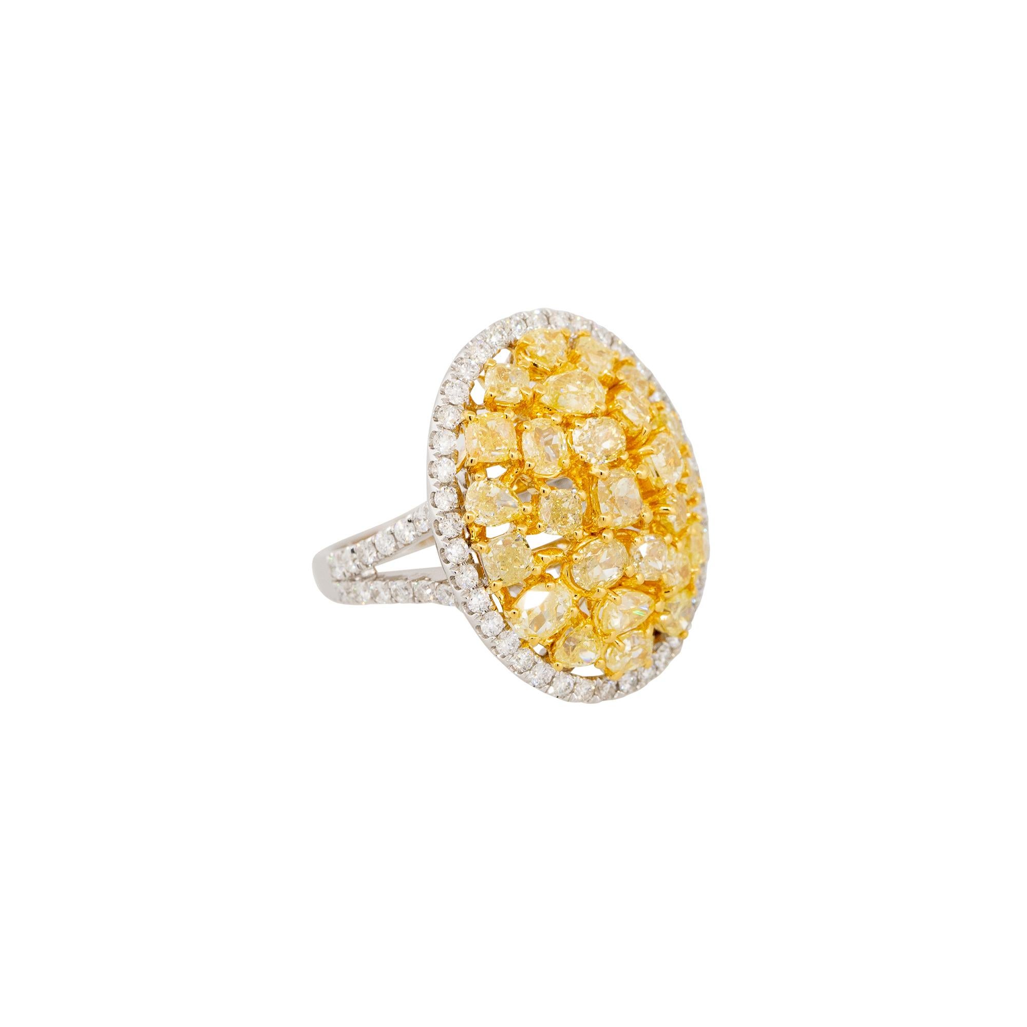 Modern 3.79 Carat Yellow Diamond Oval Halo Ring 18 Karat in Stock For Sale