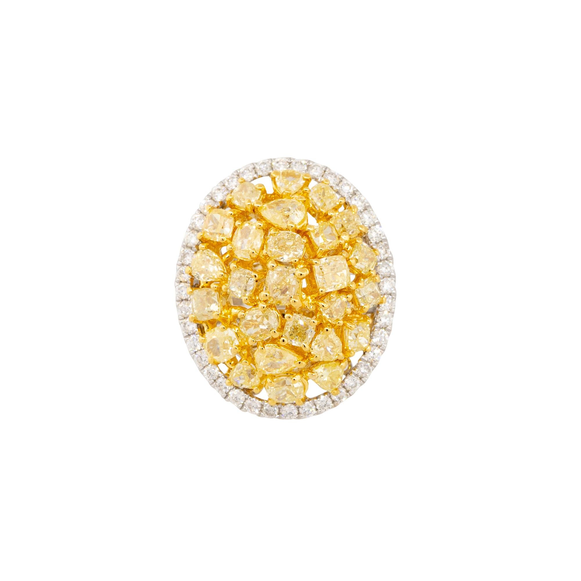 Round Cut 3.79 Carat Yellow Diamond Oval Halo Ring 18 Karat in Stock For Sale