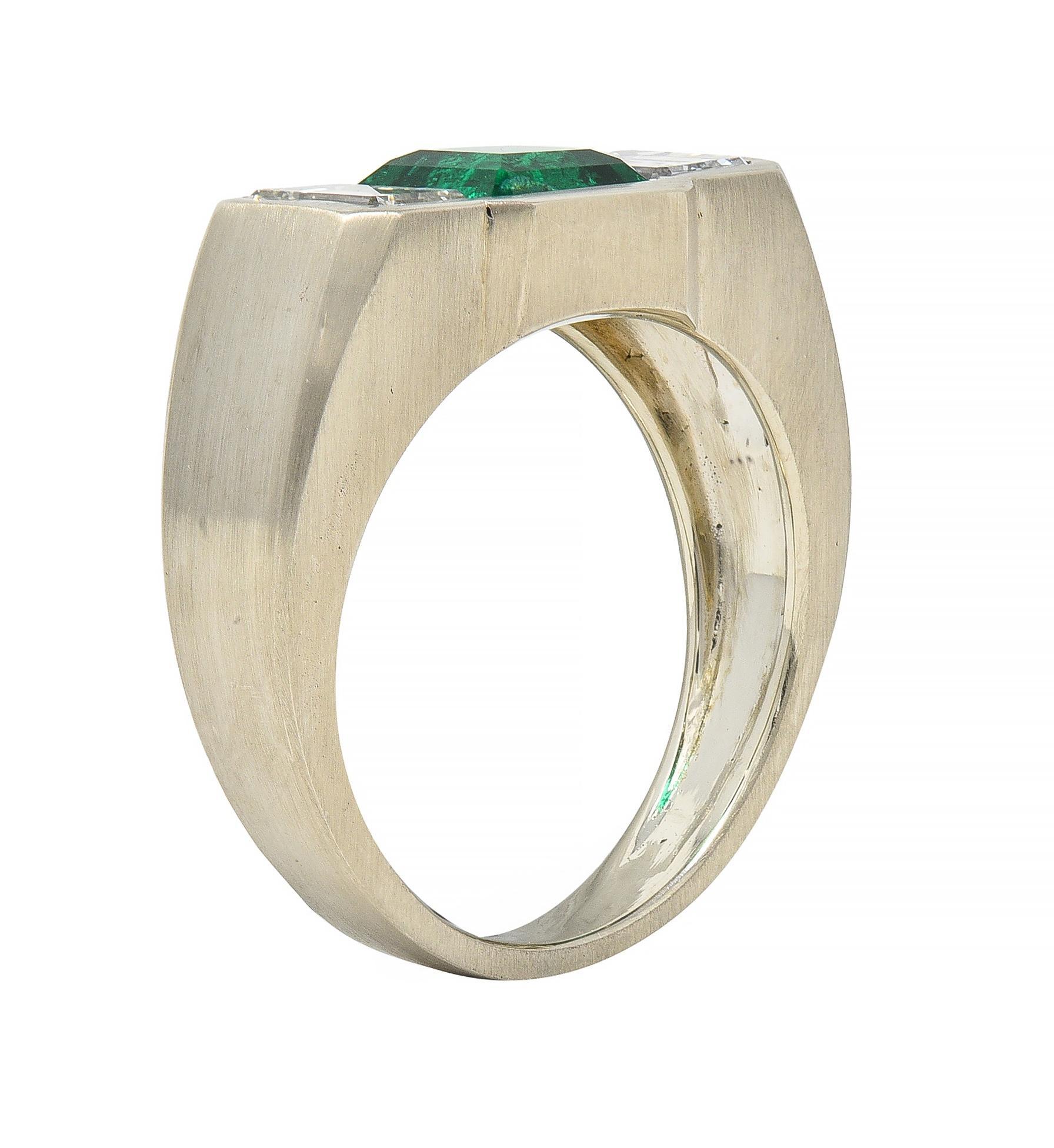 3.79 CTW Colombian Emerald Diamond 14 Karat White Gold Men's Unisex Ring GIA For Sale 5