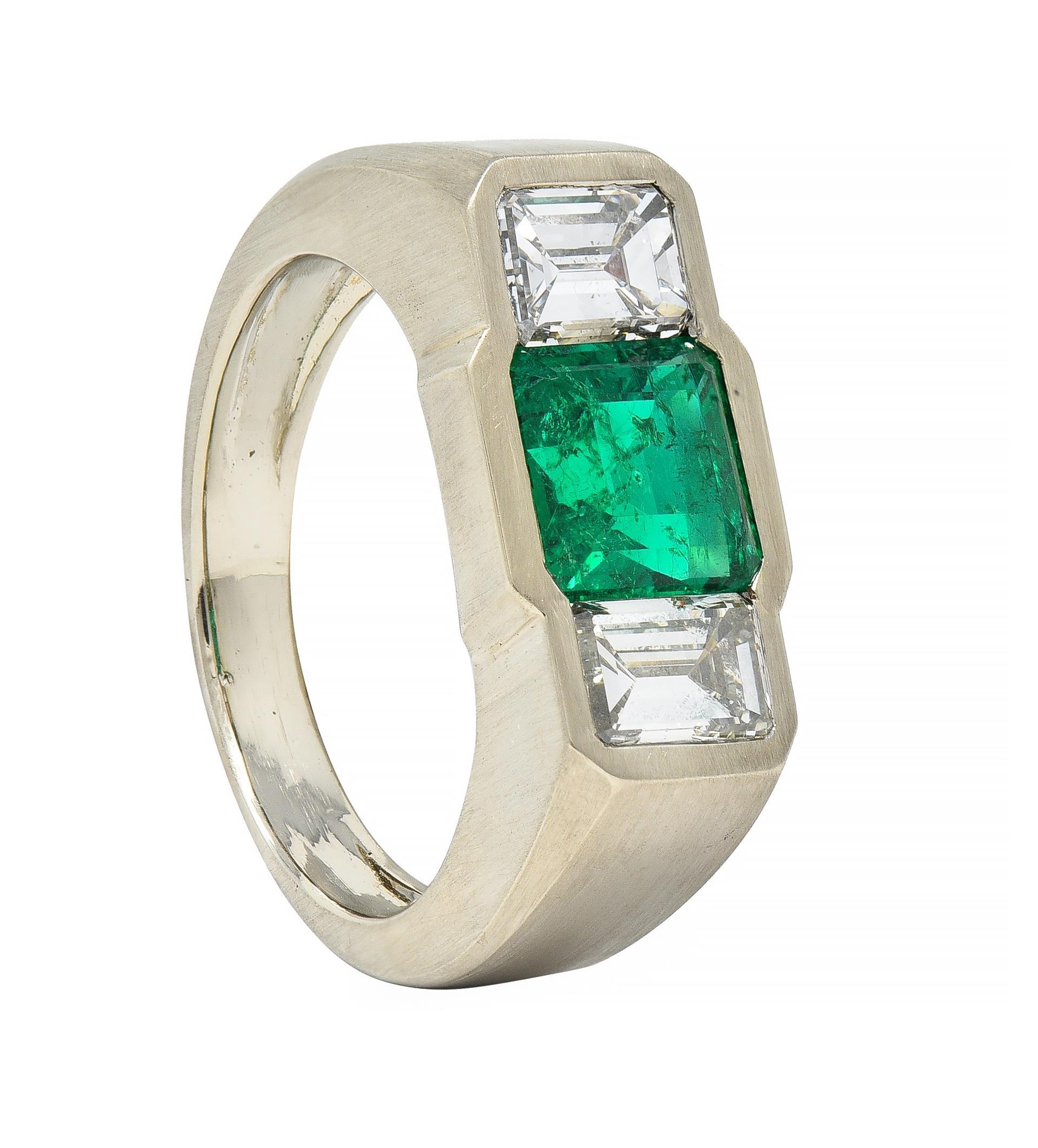3.79 CTW Colombian Emerald Diamond 14 Karat White Gold Men's Unisex Ring GIA For Sale 6