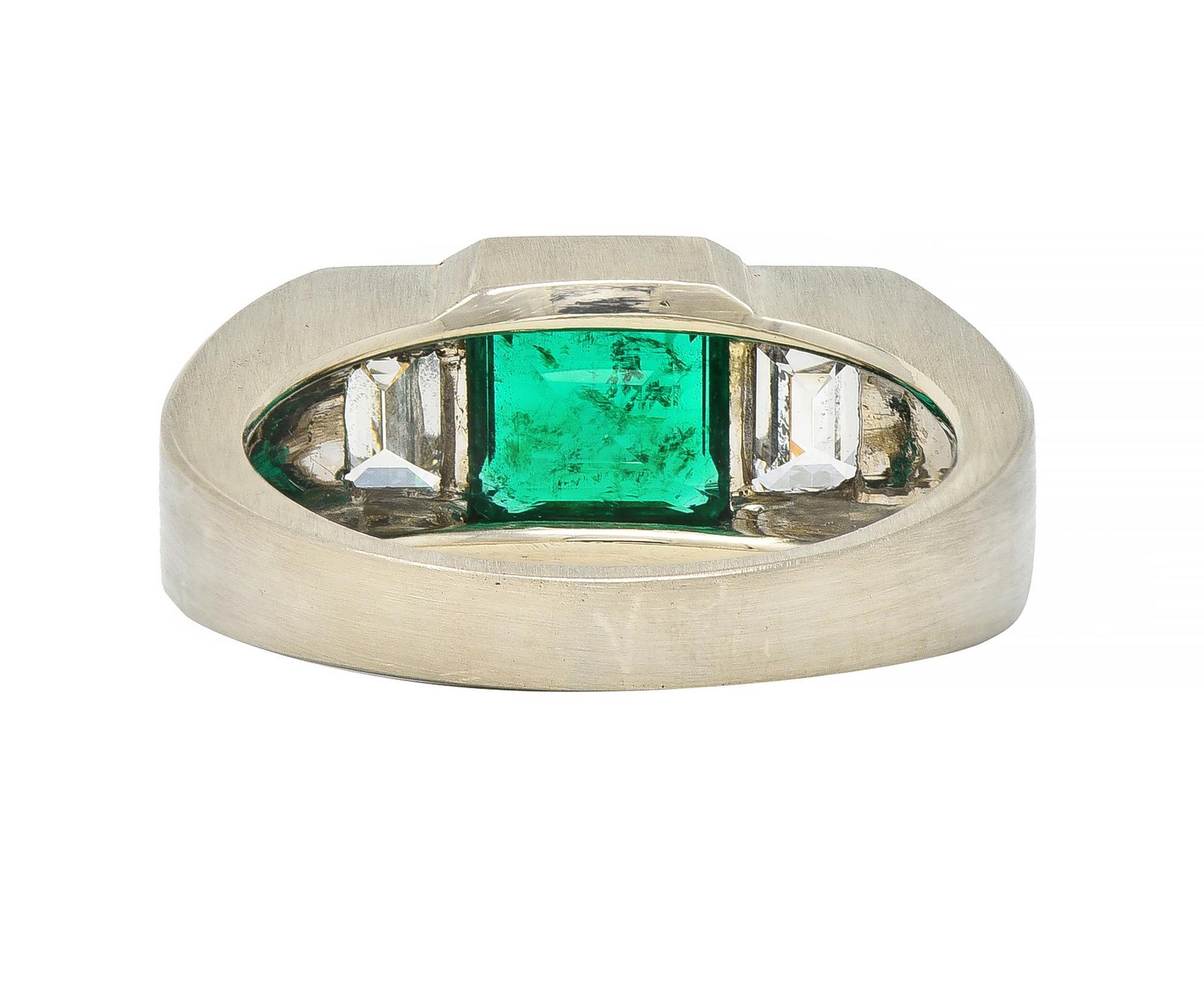 Emerald Cut 3.79 CTW Colombian Emerald Diamond 14 Karat White Gold Men's Unisex Ring GIA For Sale