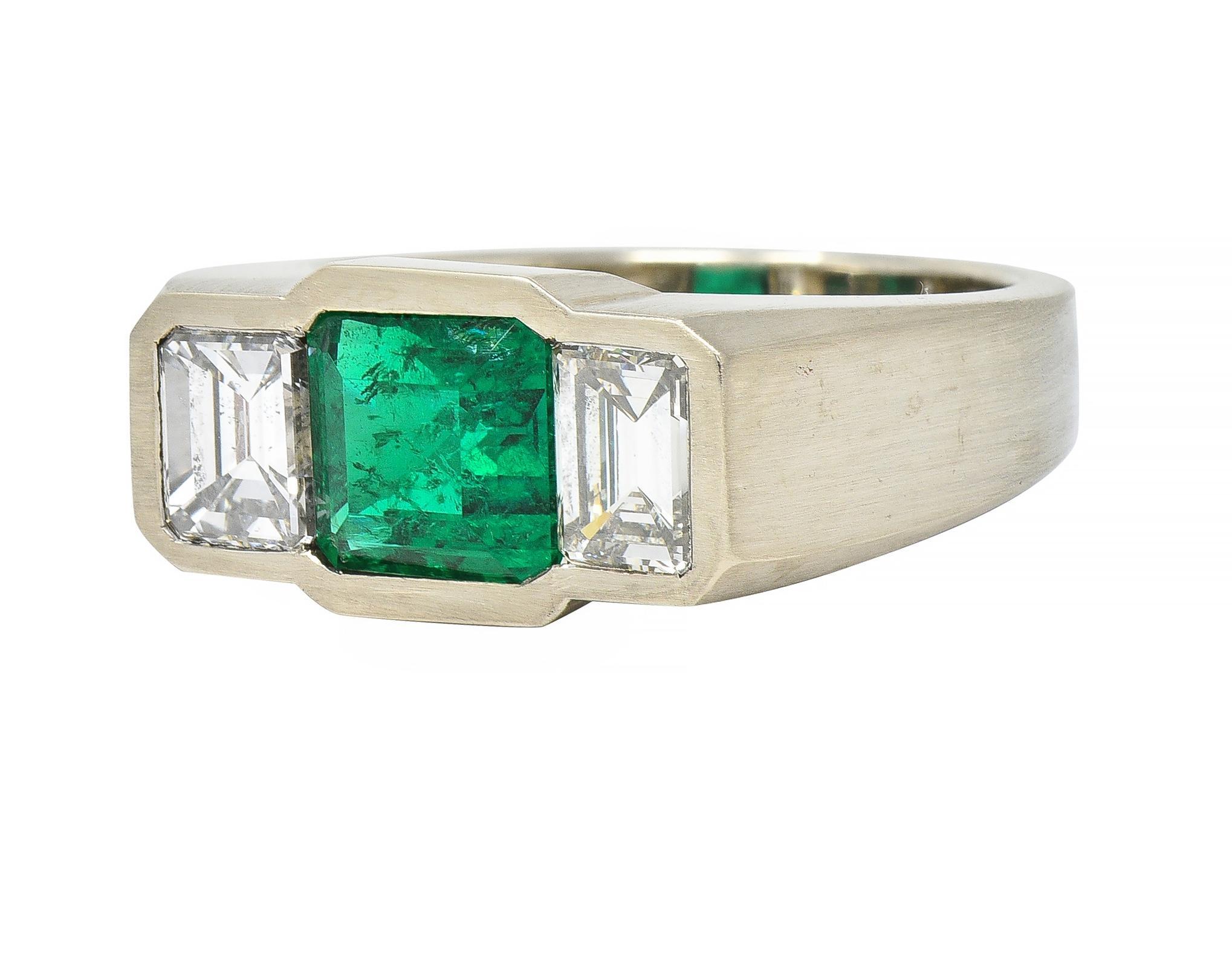 3.79 CTW Colombian Emerald Diamond 14 Karat White Gold Men's Unisex Ring GIA For Sale 1