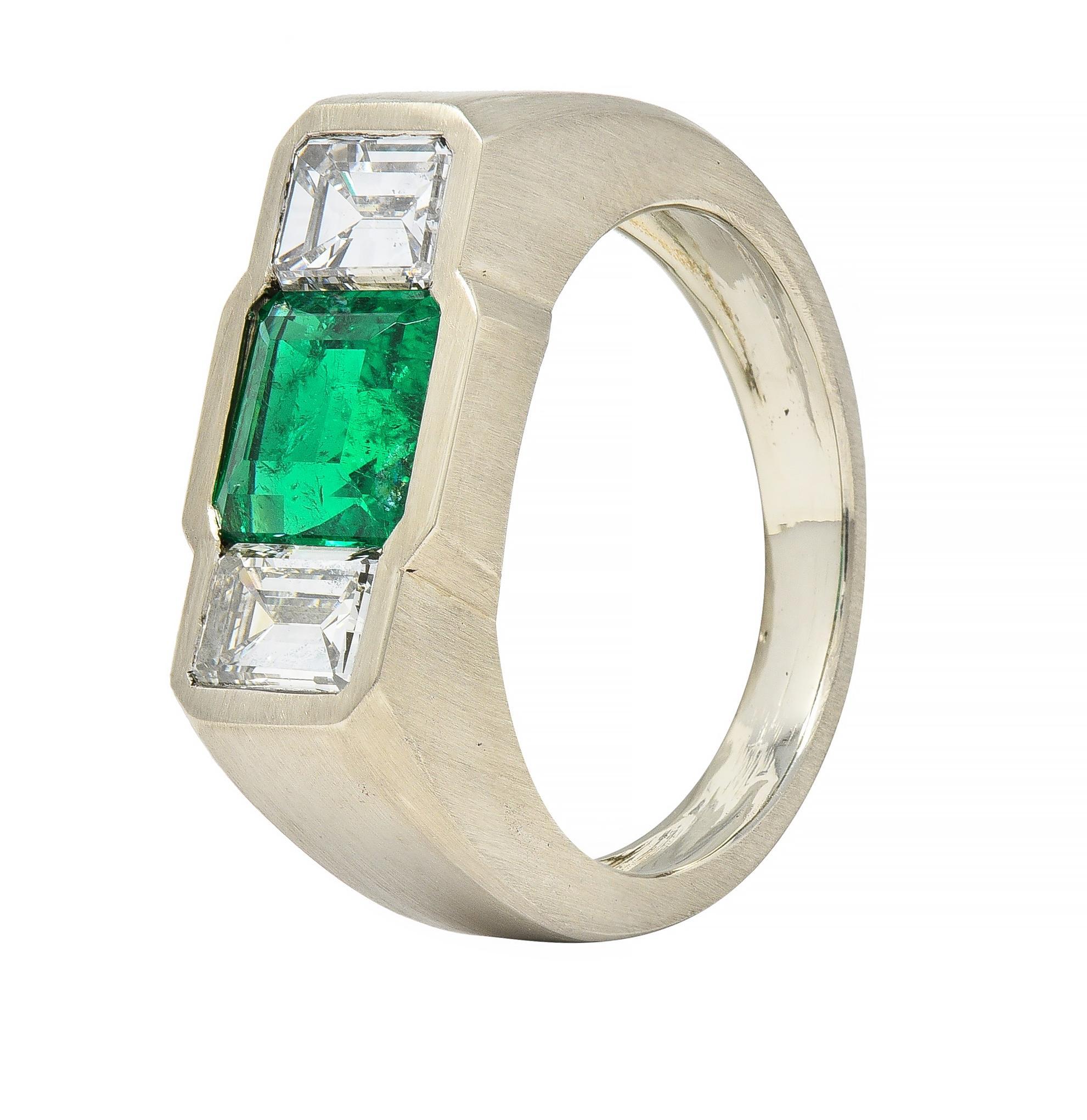 3.79 CTW Colombian Emerald Diamond 14 Karat White Gold Men's Unisex Ring GIA For Sale 3