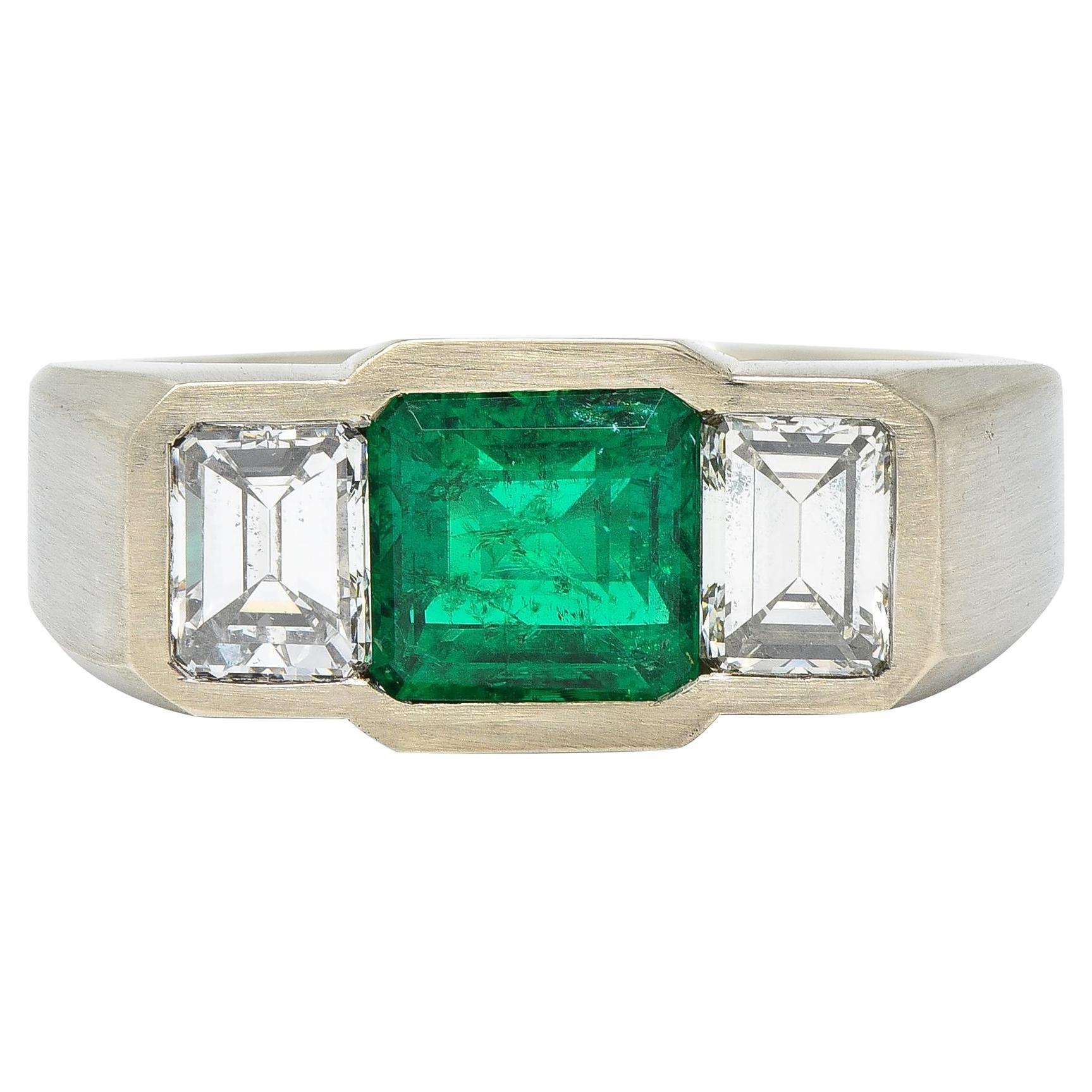 3.79 CTW Colombian Emerald Diamond 14 Karat White Gold Men's Unisex Ring GIA For Sale