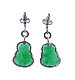 37.91ctw Carved Jadeite Jade Diamond Onyx Gold Drop Earrings