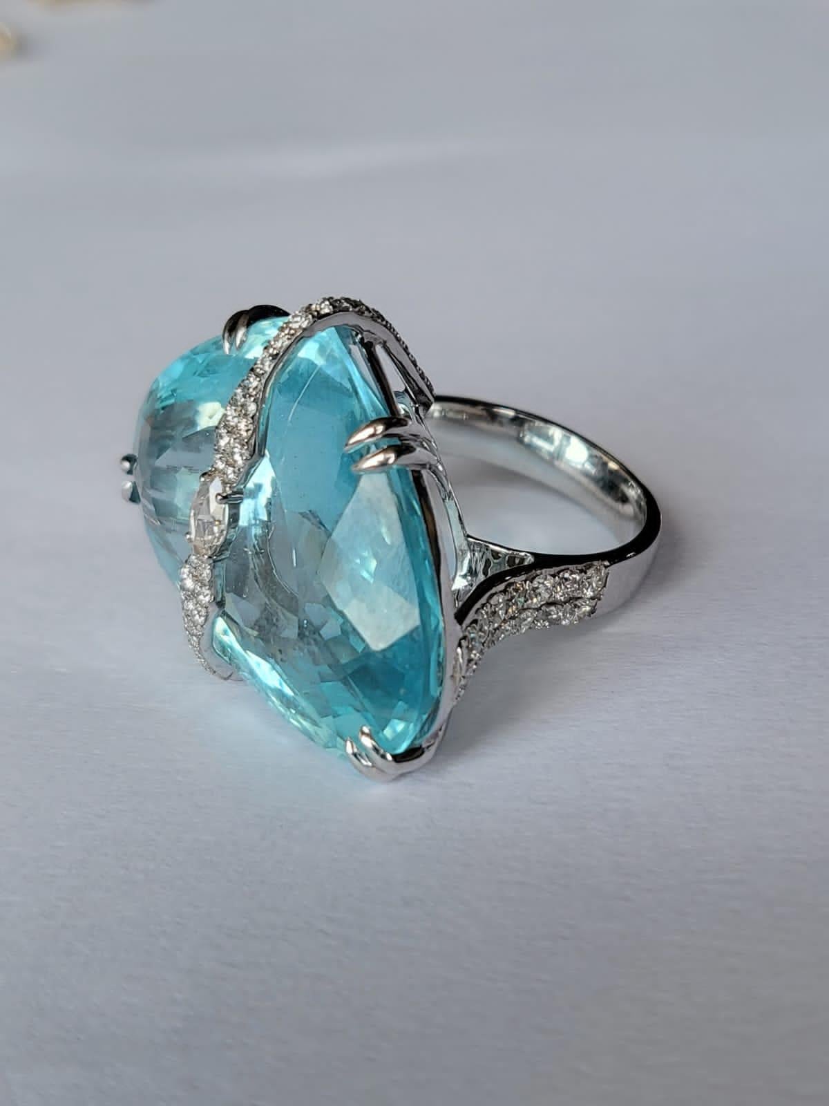 37.92 carats, Art-Deco style, Aquamarine & Rose Cut Diamond Cocktail Ring In New Condition For Sale In Hong Kong, HK