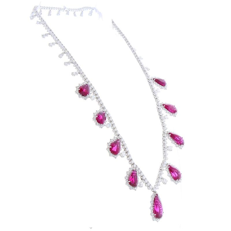 Contemporary 37.94 Carat Total Pear Shape Rubellite and Diamond Necklace in 18 Karat Gold