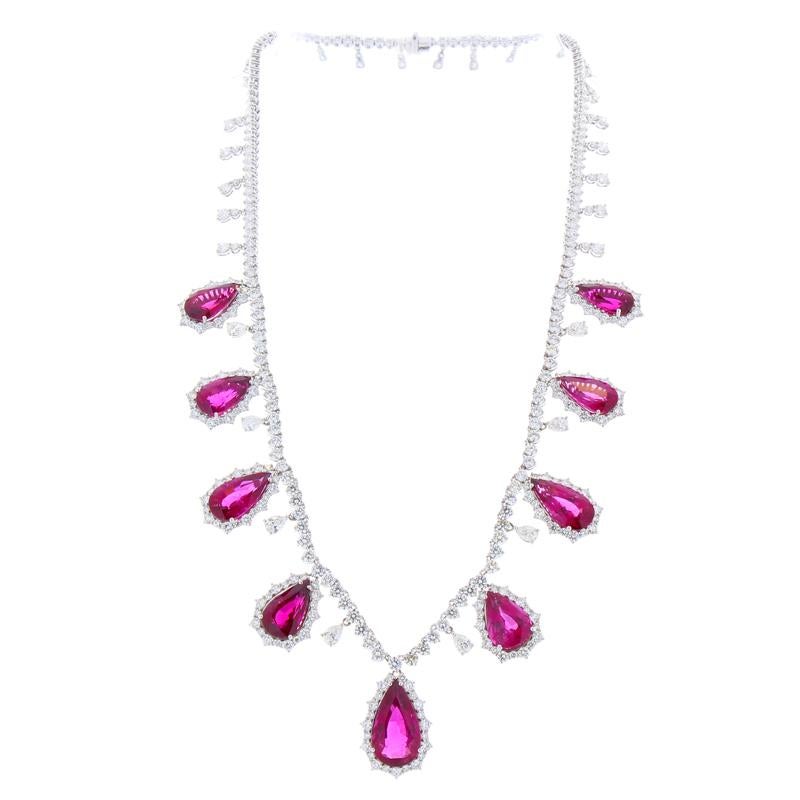 Pear Cut 37.94 Carat Total Pear Shape Rubellite and Diamond Necklace in 18 Karat Gold