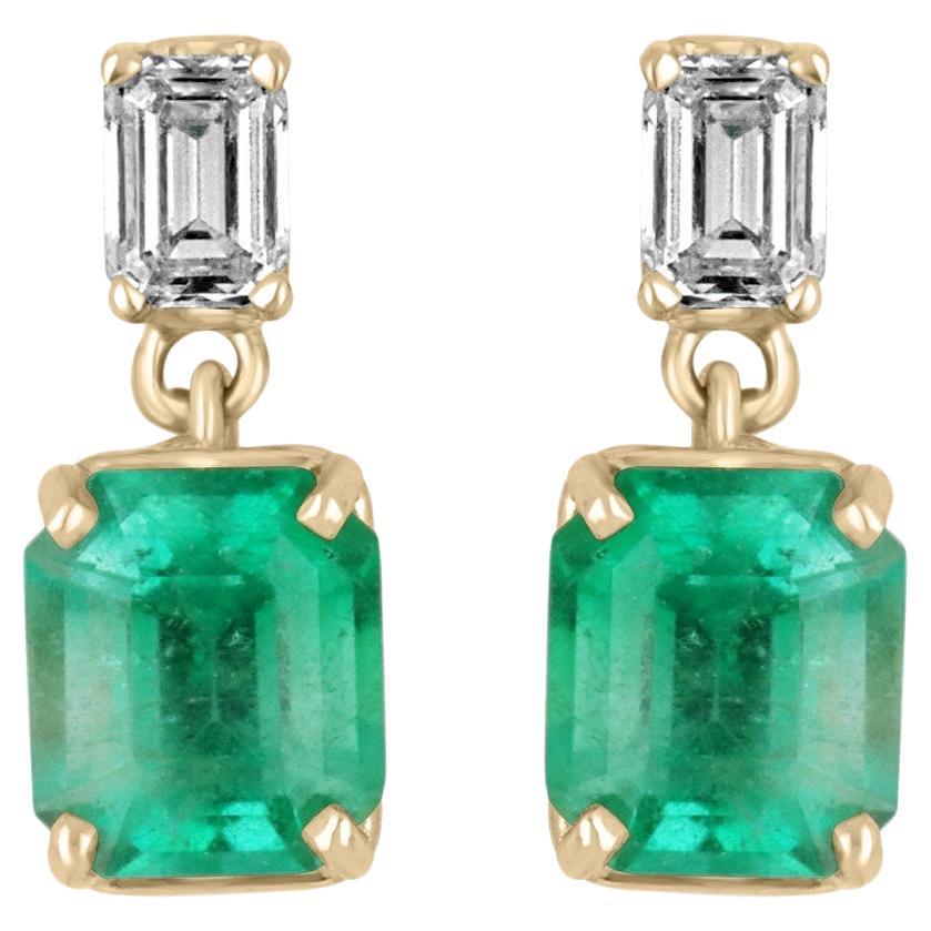 3.79tcw Emerald & Diamond Dangle Earrings 18K Emerald Cut Emerald with Diamond