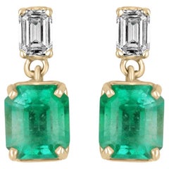 3.79tcw Emerald & Diamond Dangle Earrings 18K Emerald Cut Emerald with Diamond