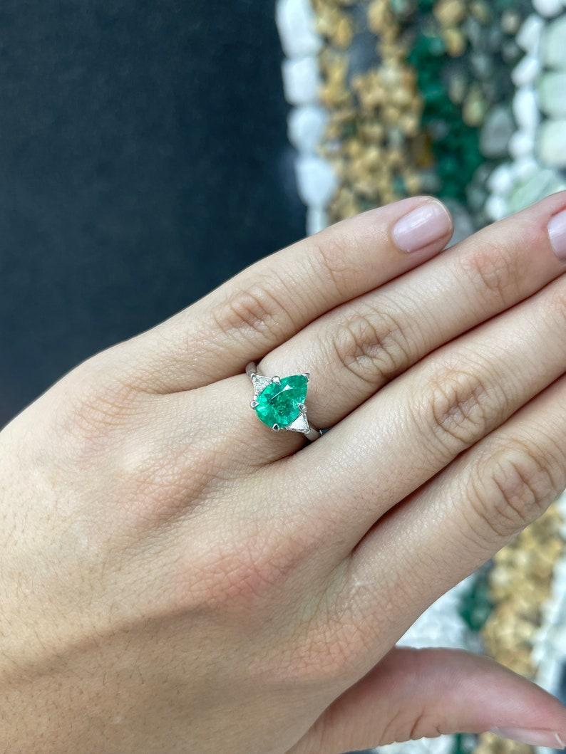 Contemporary 3.79tcw PLAT Pear Colombian Emerald & Diamond 3-Stone Ring For Sale