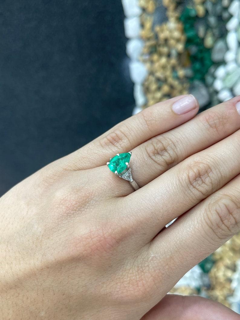 Pear Cut 3.79tcw PLAT Pear Colombian Emerald & Diamond 3-Stone Ring For Sale