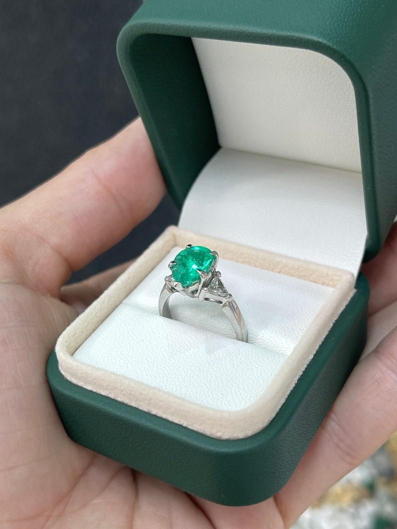 3.79tcw PLAT Pear Colombian Emerald & Diamond 3-Stone Ring For Sale 1