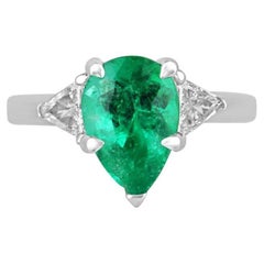 3.79tcw PLAT Pear Colombian Emerald & Diamond 3-Stone Ring