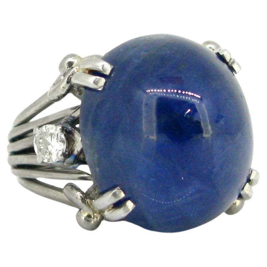 37ct Cabochon Cut Sapphire Diamonds Gold Platinum Ring, circa 1960 For Sale