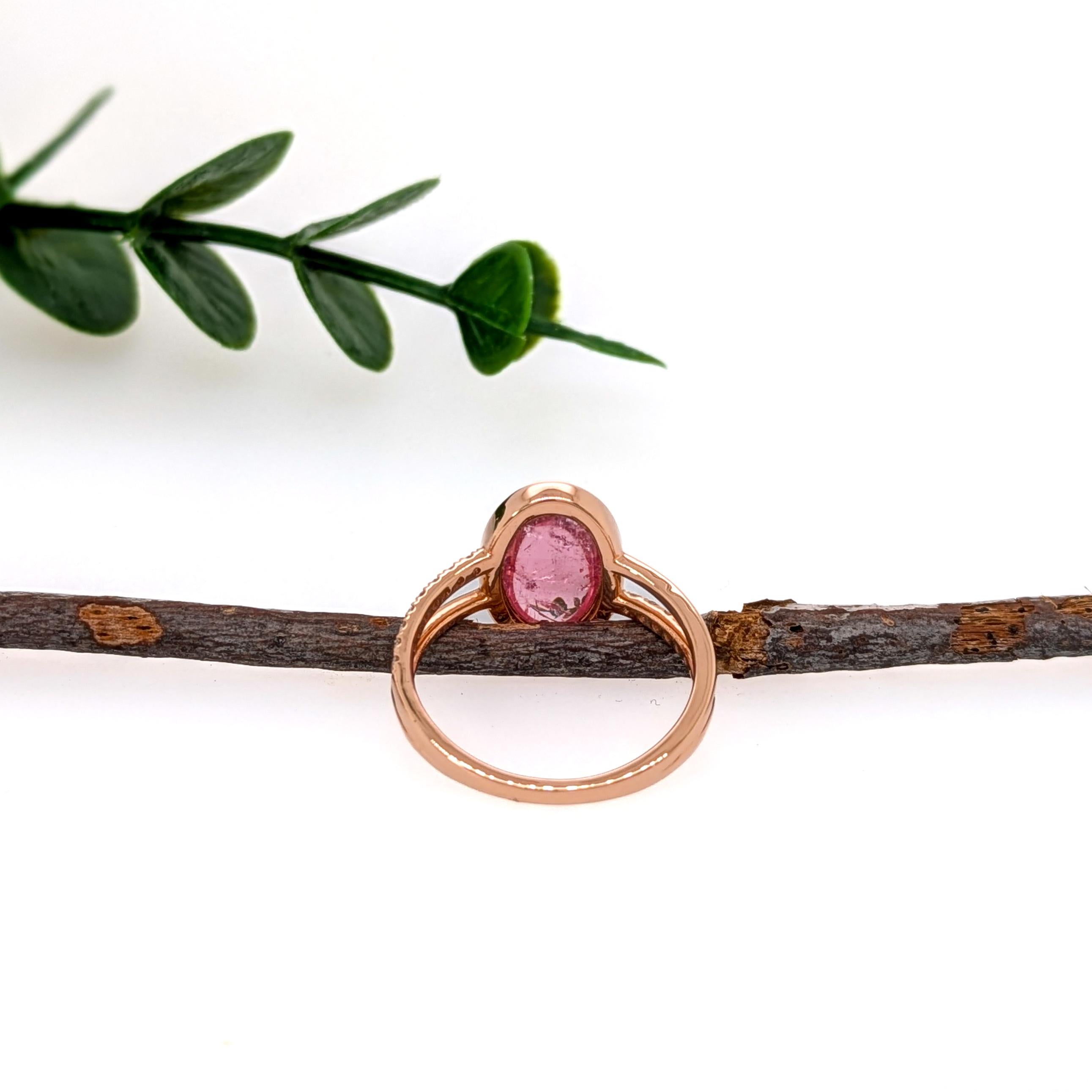 This stunning 3.73-carat pink tourmaline ring is set in solid 14K rose gold, featuring earth-mined diamond accents on a graceful split shank design. A timeless statement of elegance and sophistication. This ring also makes a beautiful October