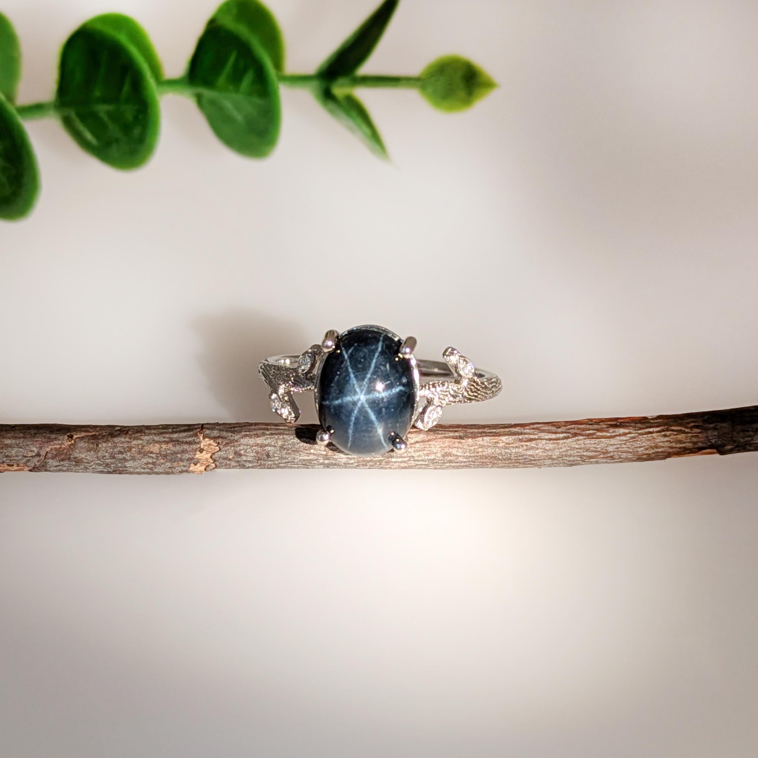 Art Deco 3.7ct Star Sapphire Ring w Natural Diamond Accents in Solid 14K Gold  OV 10x8mm