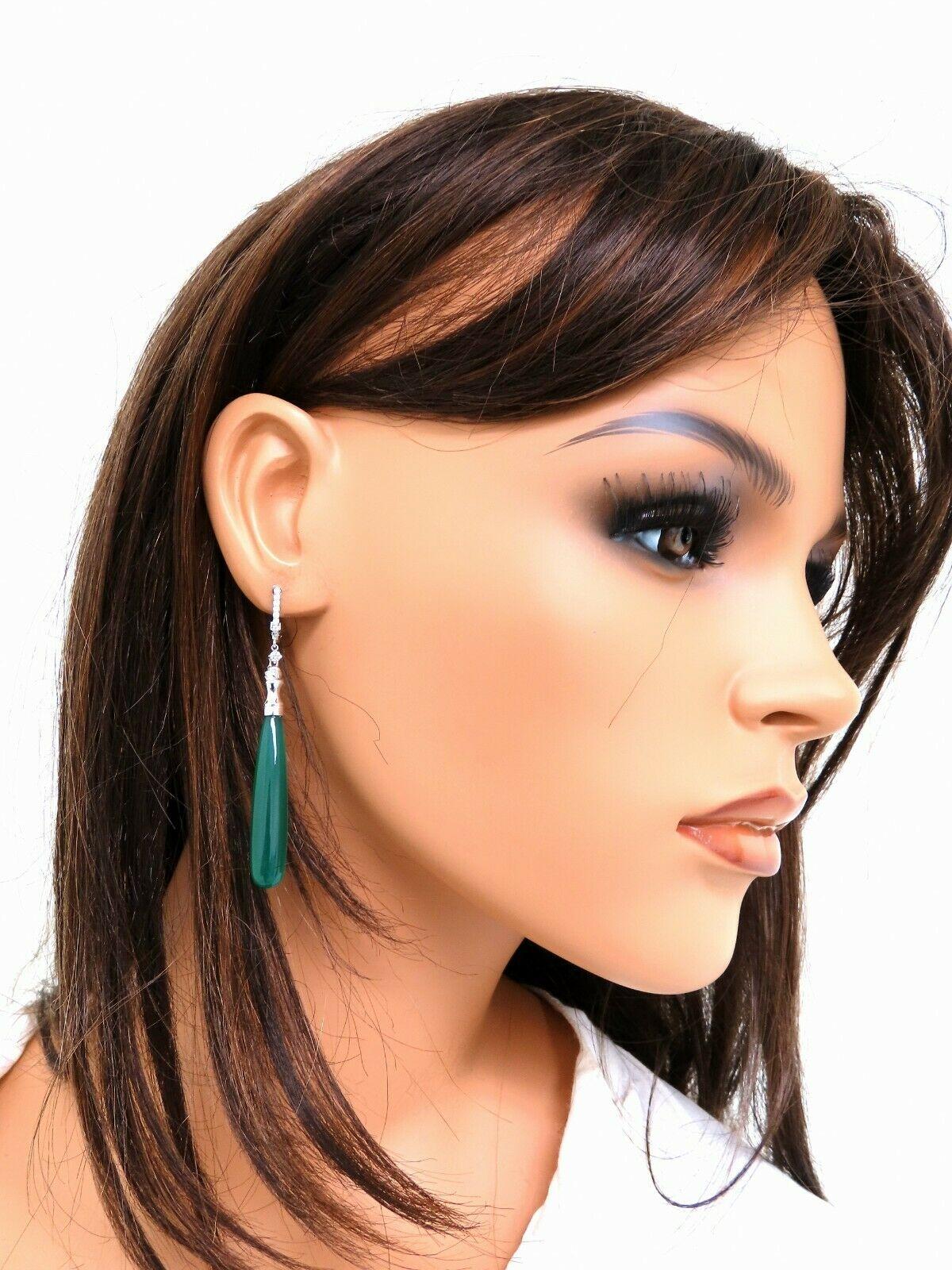 Women's or Men's Extra Long Natural Jade Drop Diamond Earrings 14 Karat For Sale