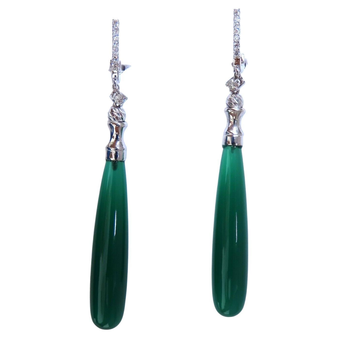 Extra Long Natural Jade Drop Diamond Earrings 14 Karat For Sale