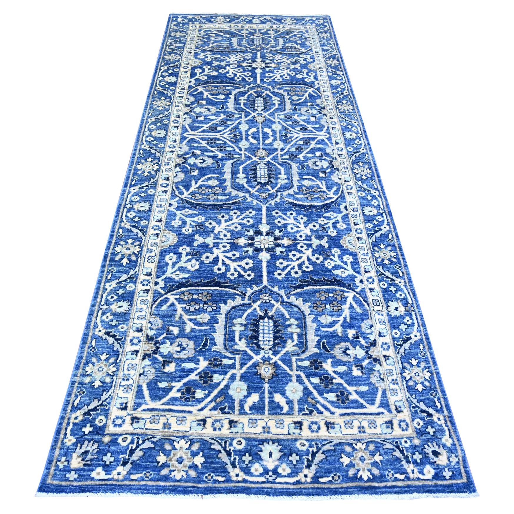 3'7"x10' Sapphire Blue Natural Wool Fine Peshawar Hand Knotted Wide Runner Rug