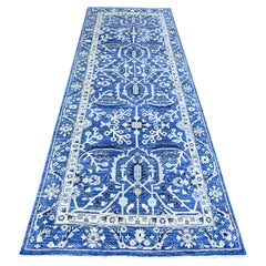 3'7"x10' Sapphire Blue Natural Wool Fine Peshawar Hand Knotted Wide Runner Rug