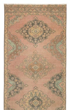 3.7x11.2 Ft Hand-Knotted Vintage Turkish Runner Rug in Faded Coral & Light Blue