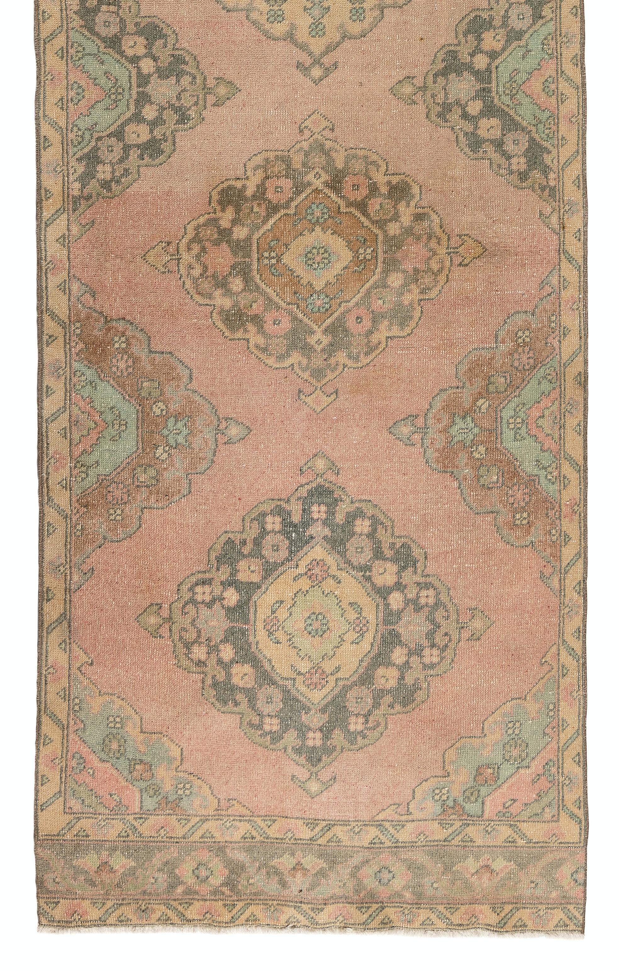 Tribal 3.7x11.2 Ft Hand-Knotted Vintage Turkish Runner Rug in Faded Coral & Light Blue For Sale