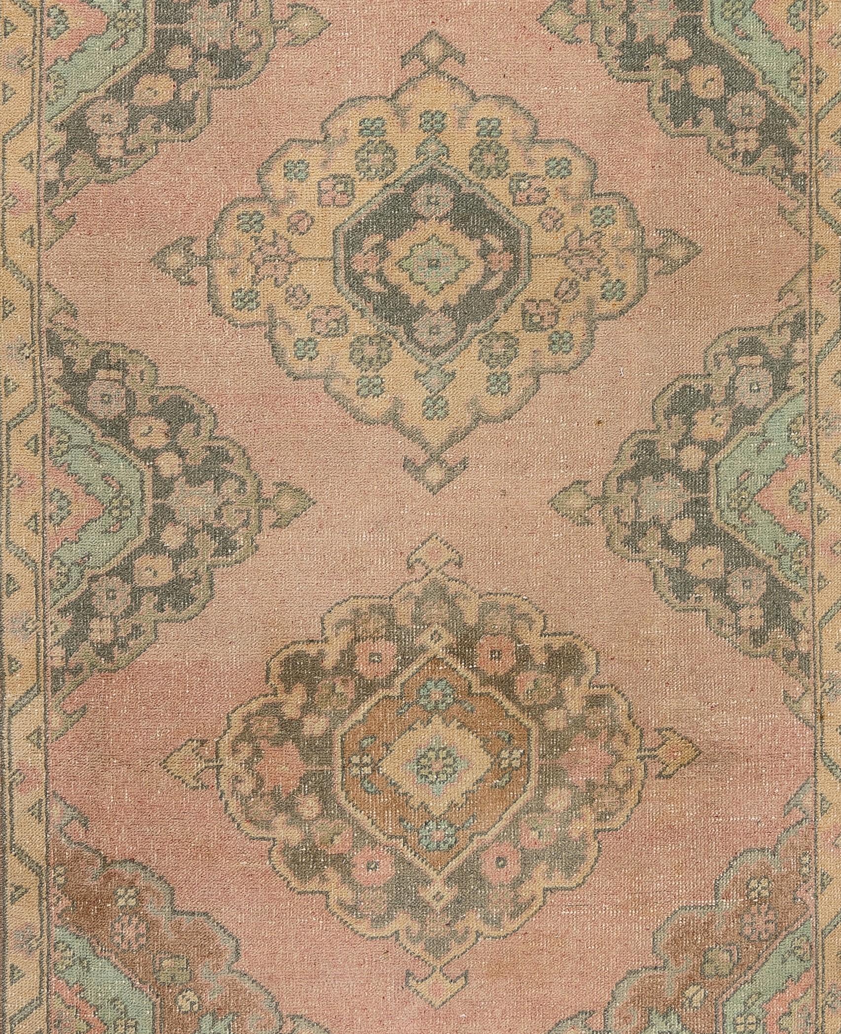 3.7x11.2 Ft Hand-Knotted Vintage Turkish Runner Rug in Faded Coral & Light Blue In Good Condition For Sale In Philadelphia, PA