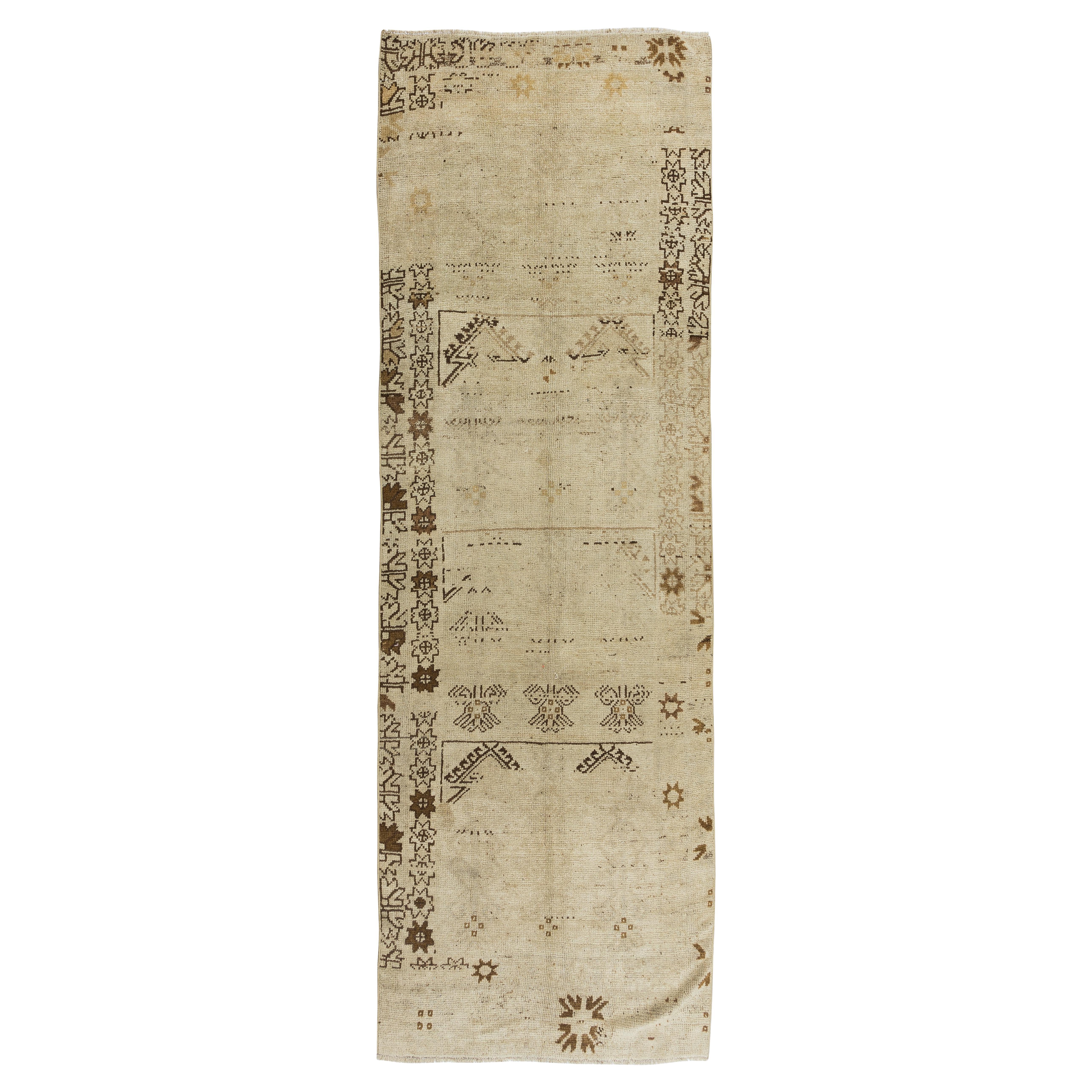 3.7x11.3 Ft Vintage Antique Washed Hand Knotted Anatolian Oushak Wool Runner Rug For Sale