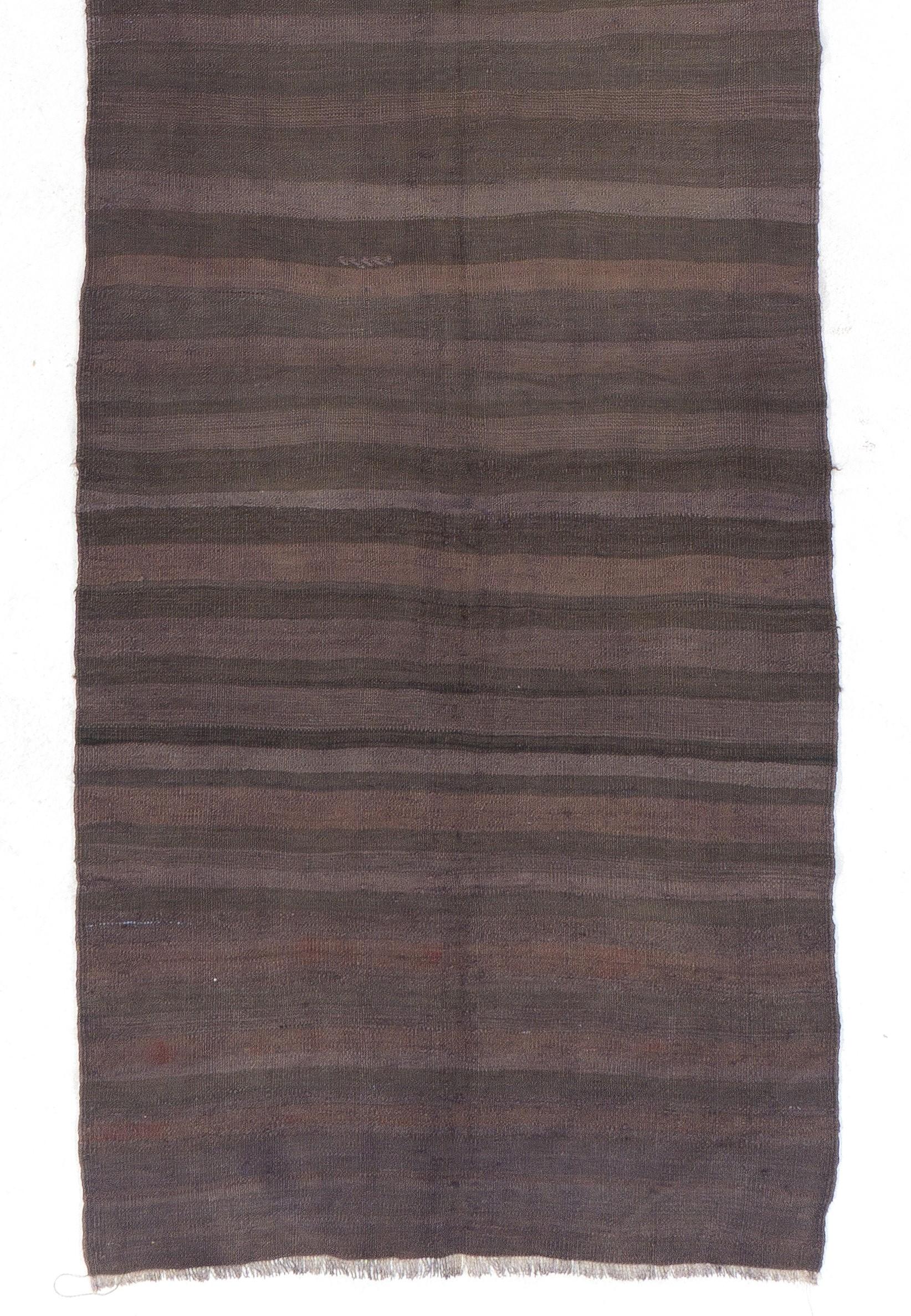 Turkish 3.7x12 ft Vintage Flat-Woven Handmade Anatolian Wool Kilim Runner in Brown For Sale