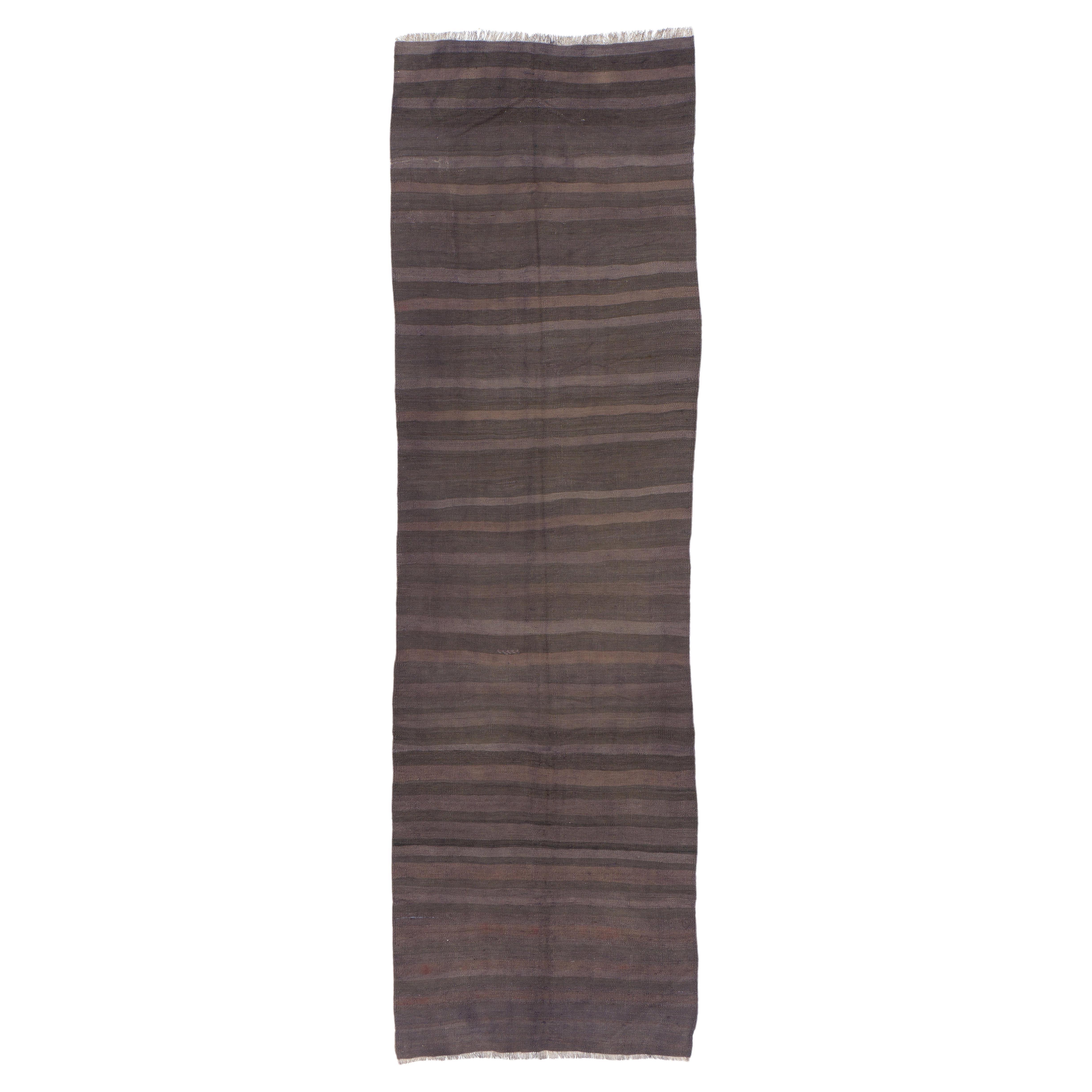 3.7x12 ft Vintage Flat-Woven Handmade Anatolian Wool Kilim Runner in Brown