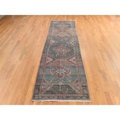 3'7"x12'3" Green Vintage Zoroastrian Heriz Hand Knotted Pure Wool Runner Rug