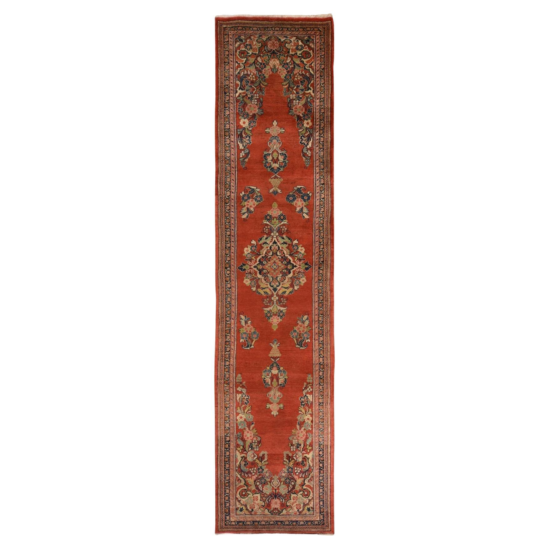3'7 "x15' Alfombra Corredera Persa Vintage Sarouk Roja de Pelo Completo Anudada a Mano de Pura Lana