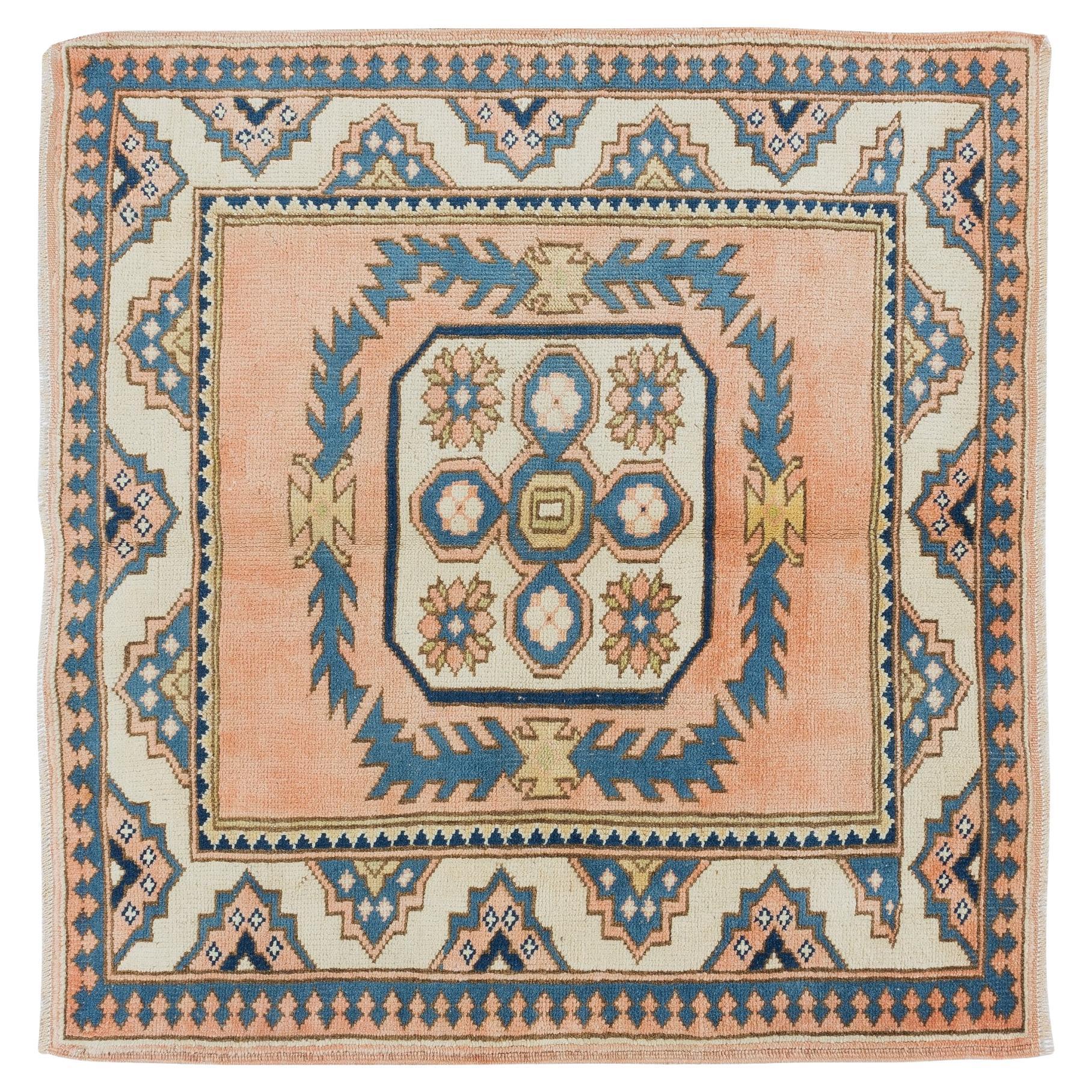 3.7x4 Ft Square Vintage Geometric Pattern Hand Knotted Turkish Unique Accent Rug For Sale