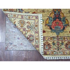 3'7"x4'10" Linen White Afghan Sultani Pomegranate Design Wool Hand Knotted Rug