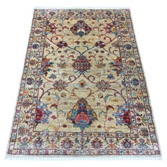 3'7"x4'10" Linen White Afghan Sultani Pomegranate Design Wool Hand Knotted Rug