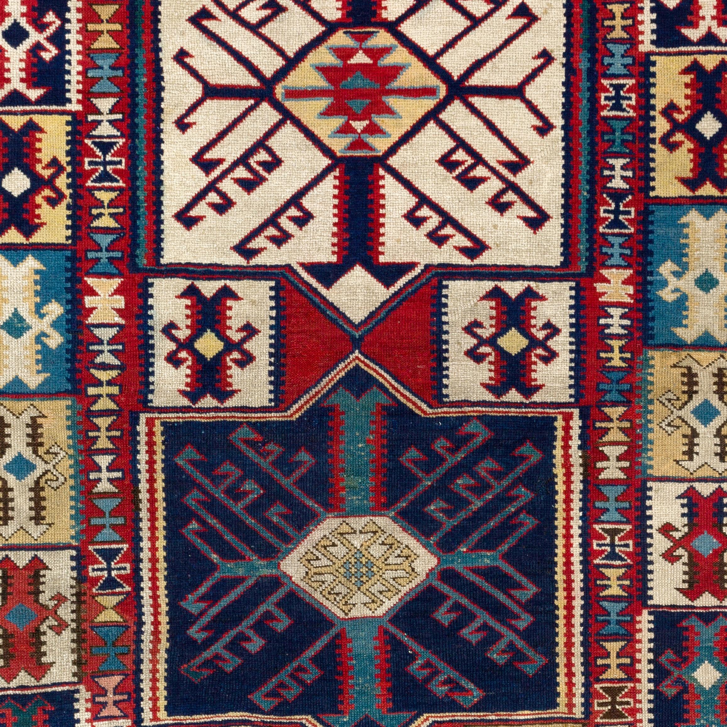 Kazak 3.7x4.8 Ft Antique Caucasian Shirvan Kuba Rug with Unusual Kilim Design For Sale