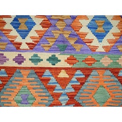 3'7 "x5' Orange Afghan Kilim Geometrisches Muster Flachgewebe Handgewebter Wollteppich